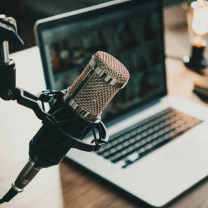 microphone in a podcast studio during a recording.