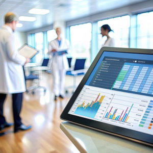 Modern clinic management software displayed on a tablet screen with a blurred hospital background, showing charts, schedules, and patient records for efficient administration.