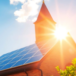 church steeple and roof with solar panels