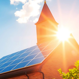 church steeple and roof with solar panels