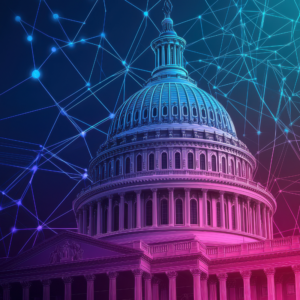 us capitol with blue and purple lighting and a connected framework background.
