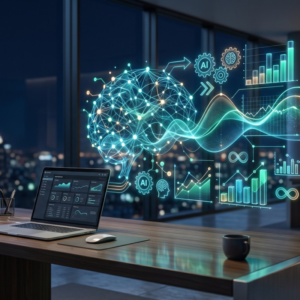 Digital brain and data analytics floating over laptop in night office