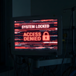 Hospital medical monitor hacked showing access denied and system locked screen from a cyber attack.