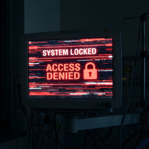 Hospital medical monitor hacked showing access denied and system locked screen from a cyber attack.