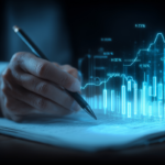 Hand writing on paperwork with holographic market charts rising above, reflecting financial analysis, risk management, and results oriented planning.