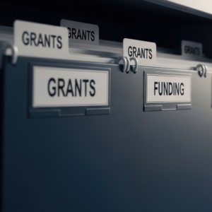 Filing cabinet with grants and funding documents organized for financial management.