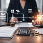 Tax deduction calculation process with business icons with depicts professional workspace tax documents