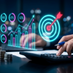Business performance analytics with neon target icon, financial data charts and graphs, professional accountant using calculator for investment growth