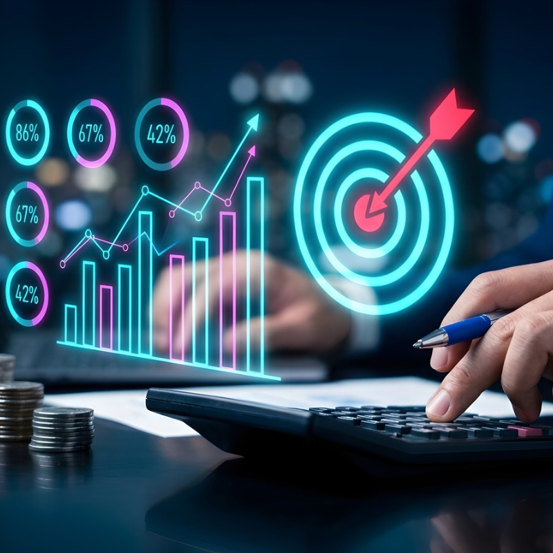 Business performance analytics with neon target icon, financial data charts and graphs, professional accountant using calculator for investment growth