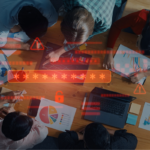 A diverse group of professionals collaborates at a wooden table, analyzing data with charts and laptops in a modern workspace emphasizing teamwork and security.