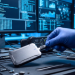 a digital forensics specialist pulling data off of an external hard drive.