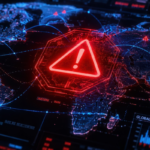 world map with a caution symbol showing a data breach