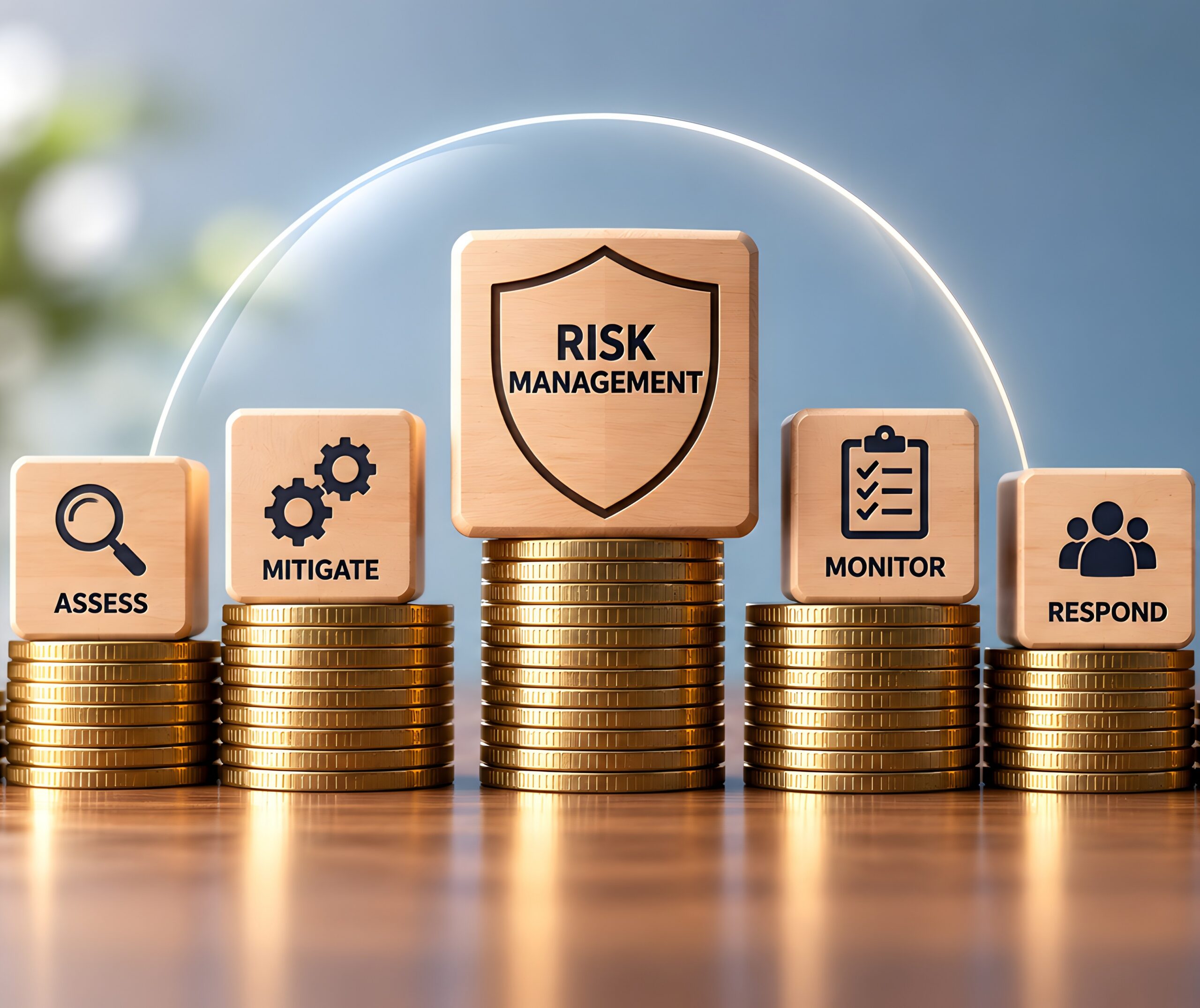 Corporate risk management strategy concept featuring wooden blocks on gold coins
