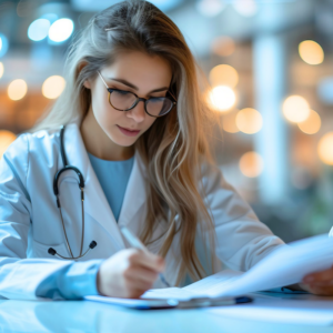 female doctor reviewing patient files