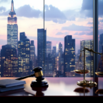 new york city skyline with gavel and a pile of legal documents