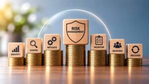 Corporate risk management strategy concept featuring wooden blocks on gold coins